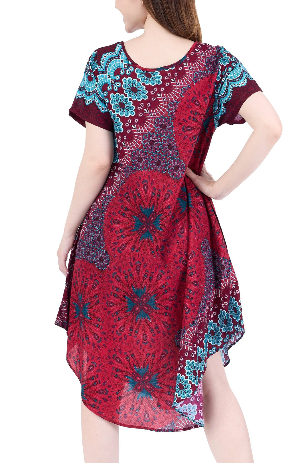 Burgundy Flower Mandala Dress with Sleeves and Two Pockets - Lannaclothesdesign Shop