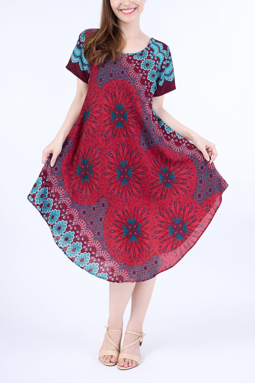 Burgundy Flower Mandala Dress with Sleeves and Two Pockets - Lannaclothesdesign Shop