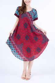 Burgundy Flower Mandala Dress with Sleeves and Two Pockets