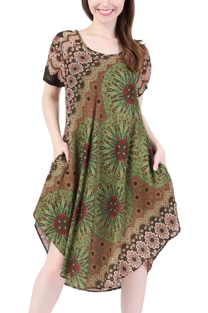Green Flower Mandala Dress with Sleeves and Two Pockets - Lannaclothesdesign Shop
