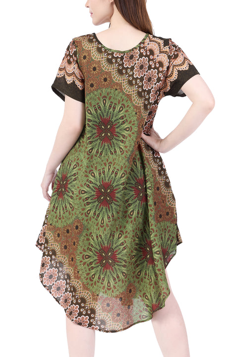 Green Flower Mandala Dress with Sleeves and Two Pockets