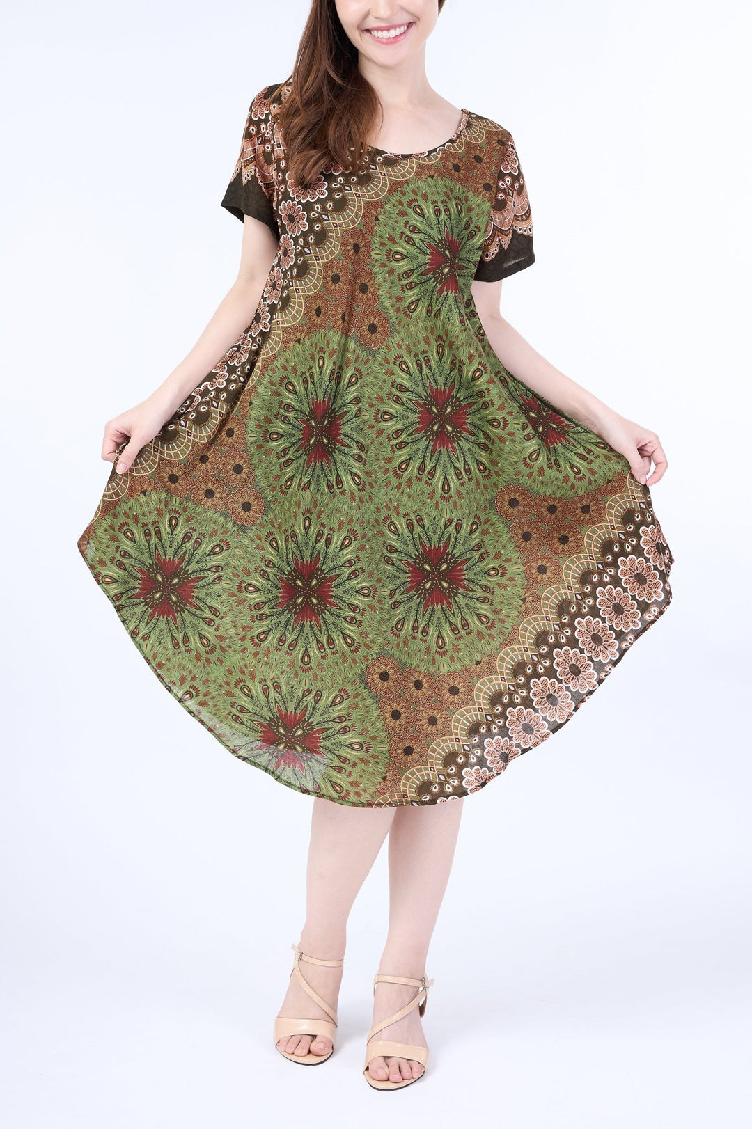 Green Flower Mandala Dress with Sleeves and Two Pockets - Lannaclothesdesign Shop