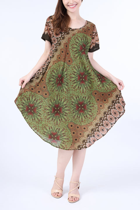 Green Flower Mandala Dress with Sleeves and Two Pockets