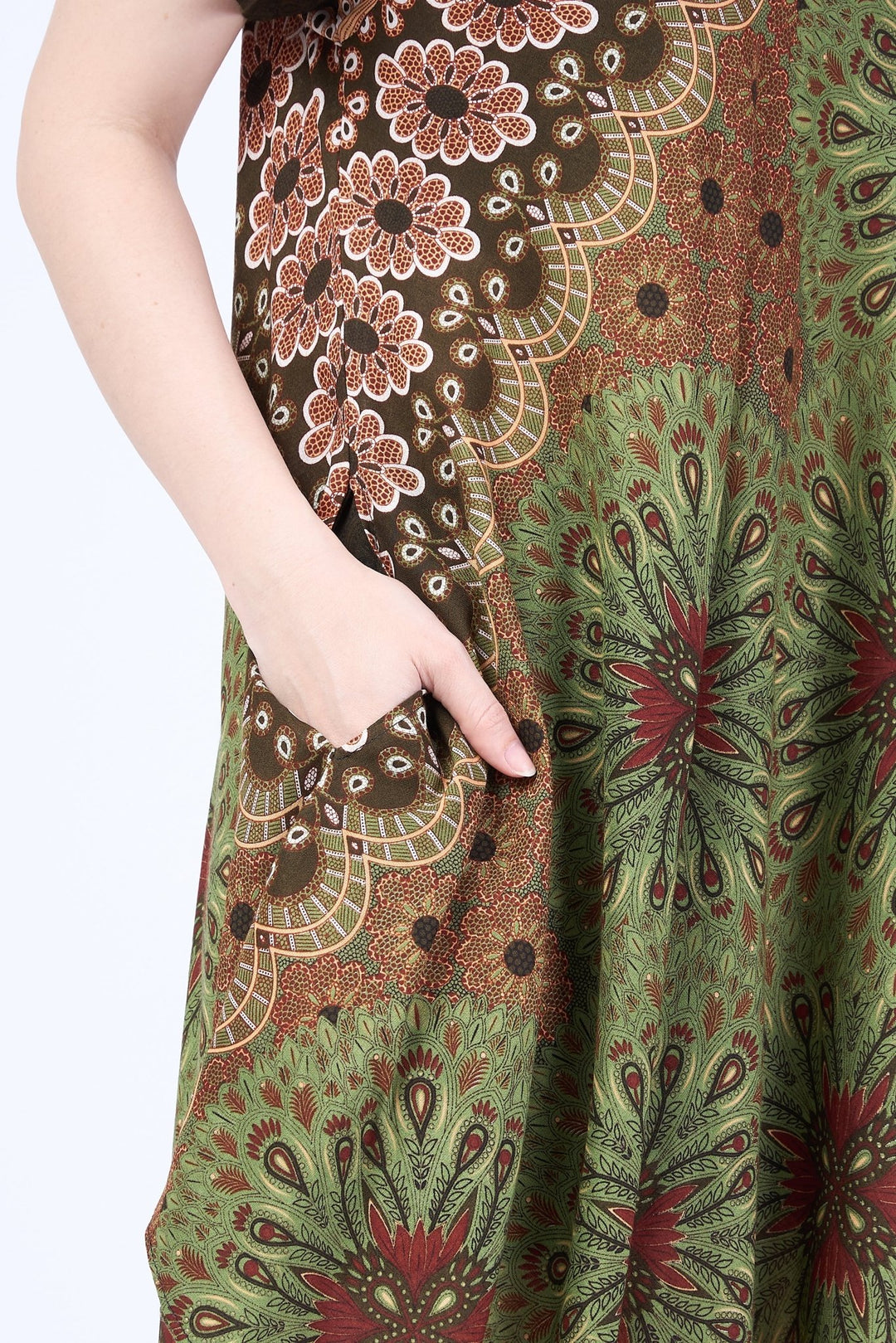 Green Flower Mandala Dress with Sleeves and Two Pockets - Lannaclothesdesign Shop