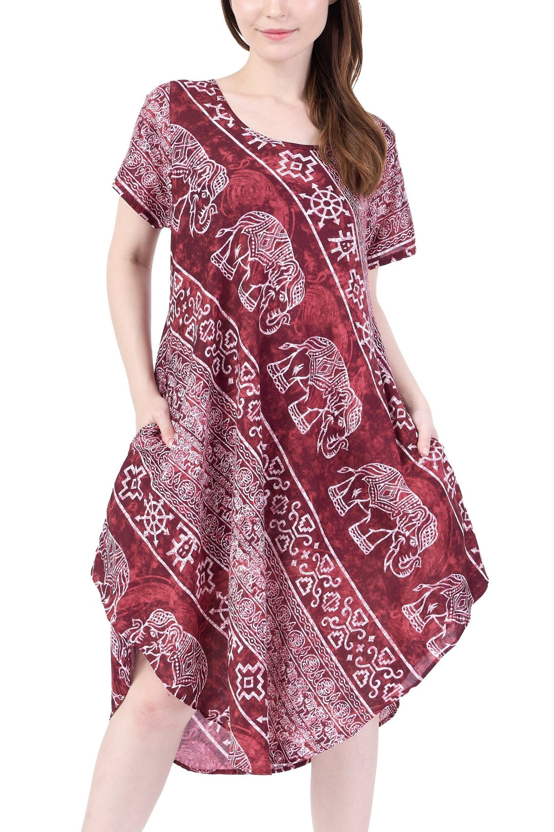 Burgundy Elephant Fabric Dress with Sleeves and Two Pockets - Lannaclothesdesign Shop