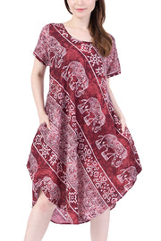 Burgundy Elephant Fabric Dress with Sleeves and Two Pockets