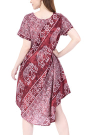 Burgundy Elephant Fabric Dress with Sleeves and Two Pockets