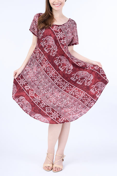 Burgundy Elephant Fabric Dress with Sleeves and Two Pockets