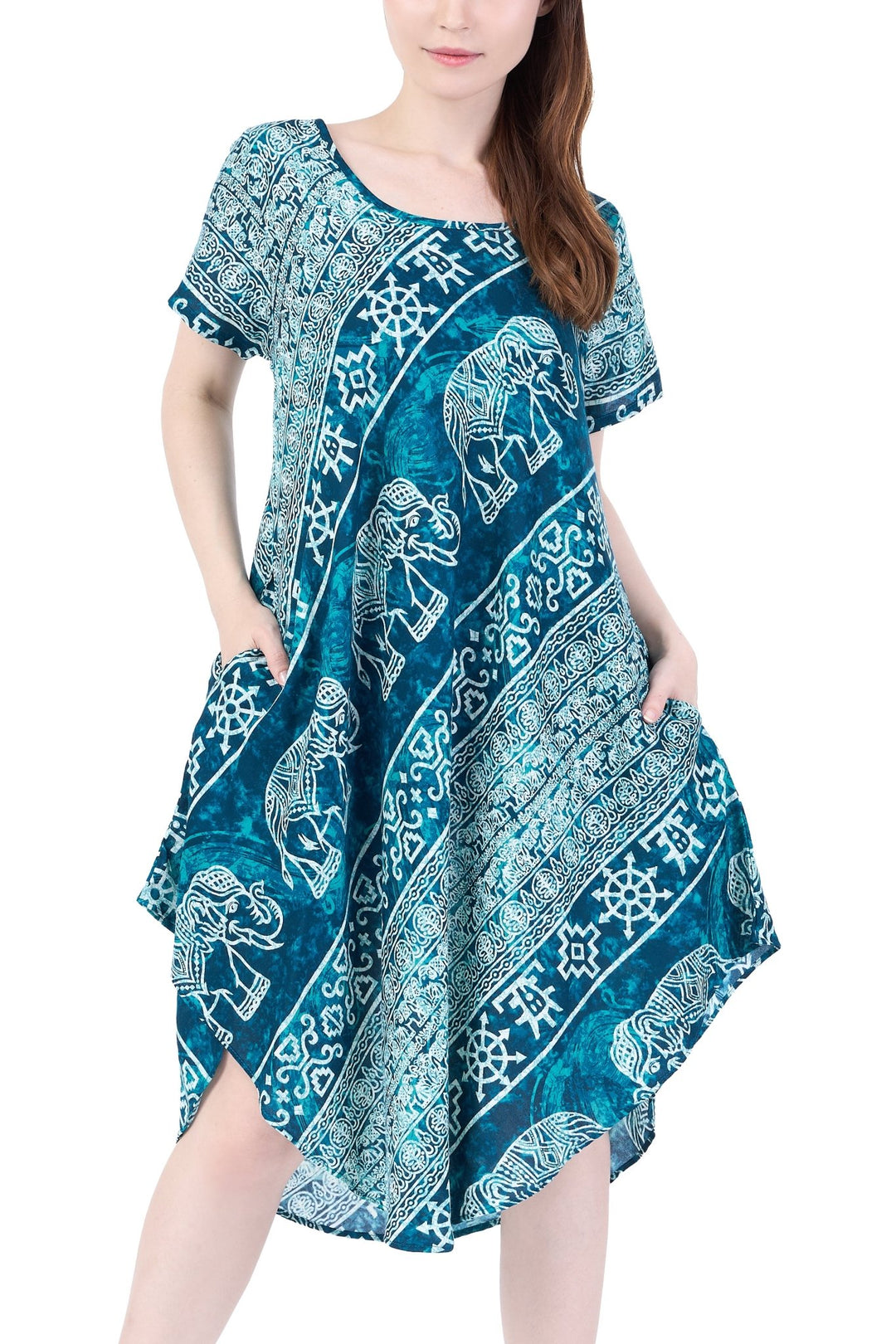 Teal Elephant Fabric Dress with Sleeves and Two Pockets - Lannaclothesdesign Shop