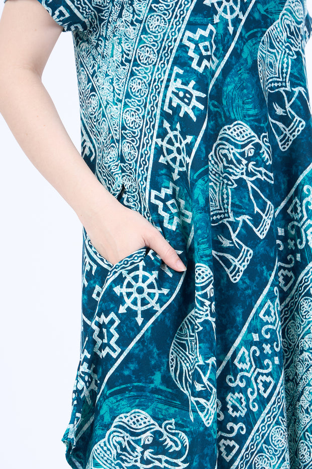 Teal Elephant Fabric Dress with Sleeves and Two Pockets