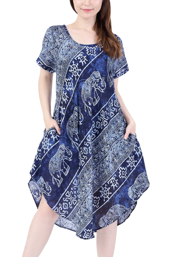 Dark Blue Elephant Fabric Dress with Sleeves and Two Pockets - Lannaclothesdesign Shop
