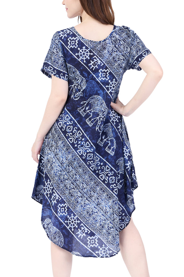 Dark Blue Elephant Fabric Dress with Sleeves and Two Pockets