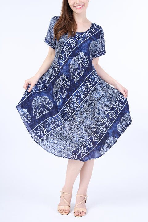 Dark Blue Elephant Fabric Dress with Sleeves and Two Pockets