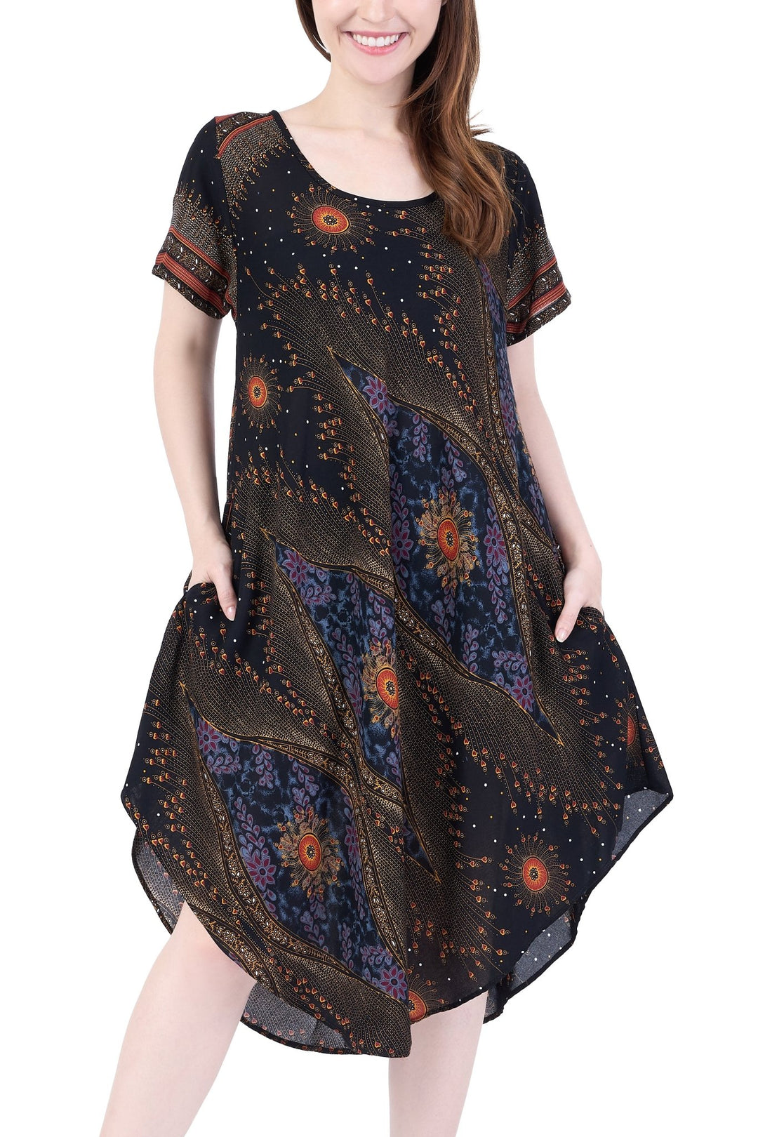Black Flower Eye Dress with Sleeves and Two Pockets - Lannaclothesdesign Shop