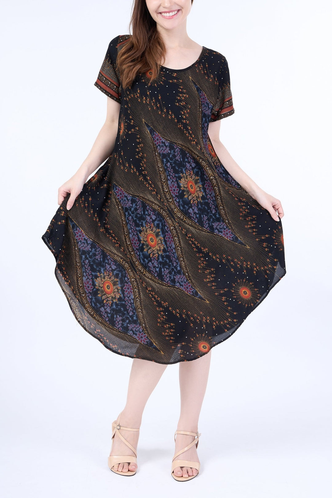 Black Flower Eye Dress with Sleeves and Two Pockets - Lannaclothesdesign Shop
