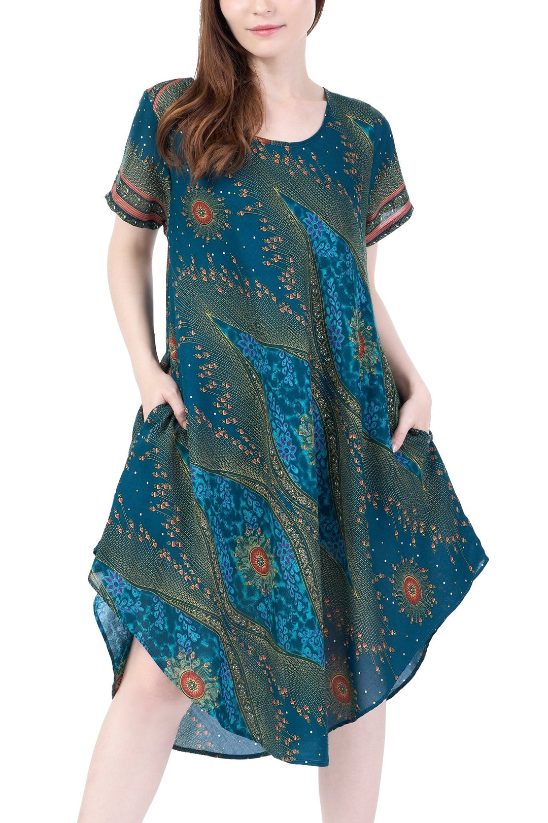 Teal Flower Eye Dress with Sleeves and Two Pockets - Lannaclothesdesign Shop
