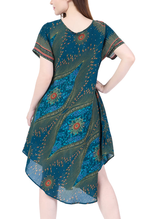 Teal Flower Eye Dress with Sleeves and Two Pockets