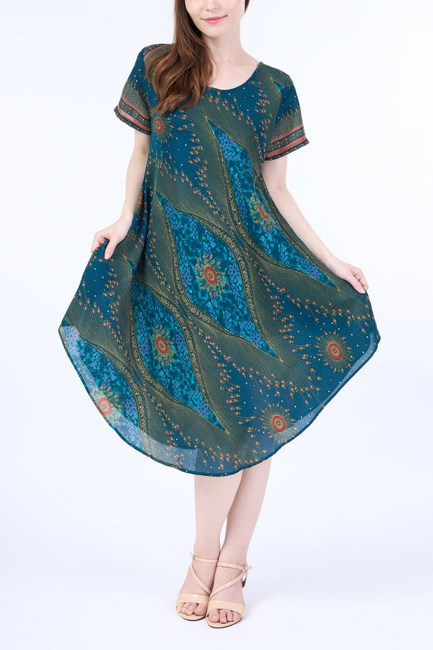 Teal Flower Eye Dress with Sleeves and Two Pockets