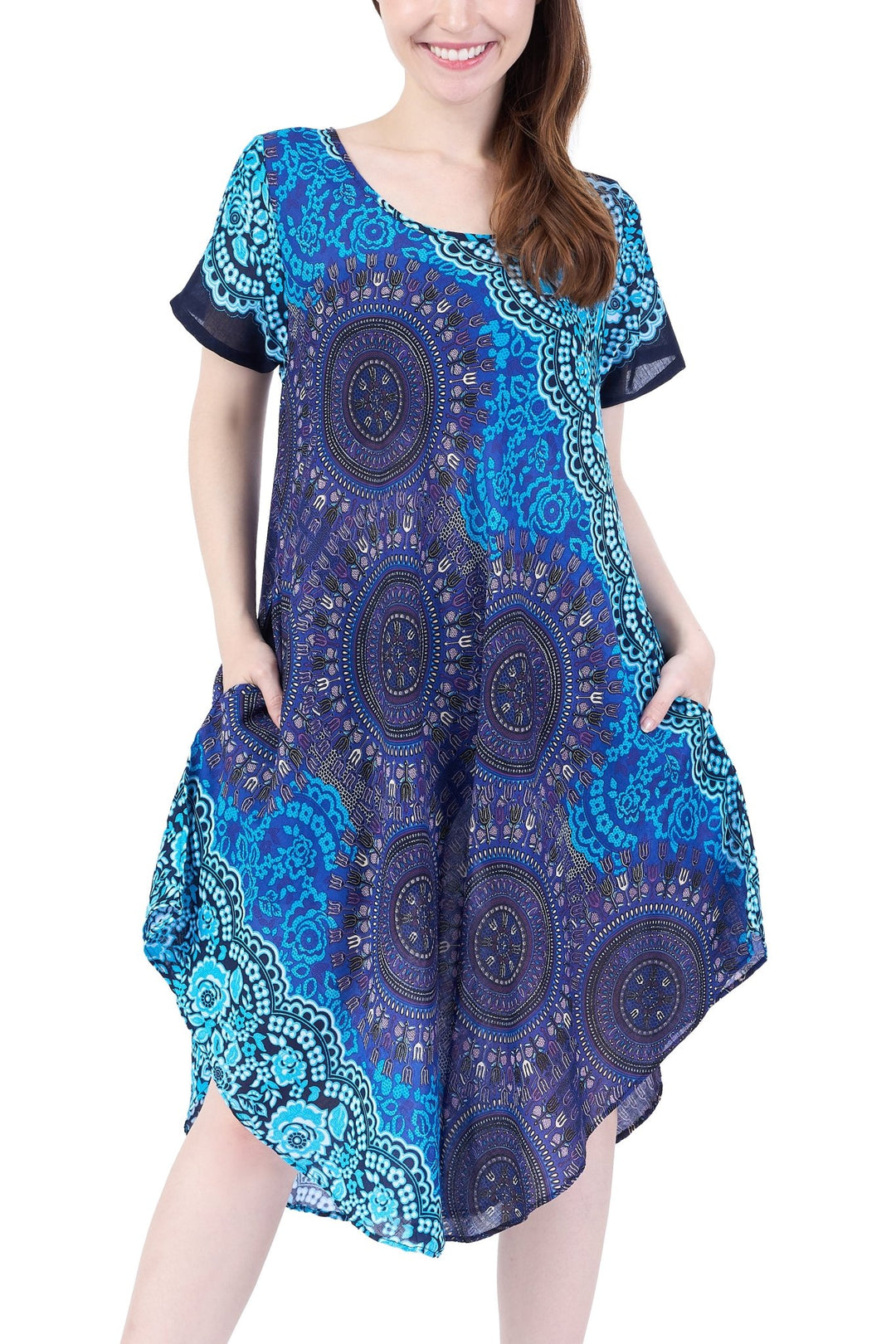 Blue Rose Circle Fabric Dress with Sleeves and Two Pockets - Lannaclothesdesign Shop