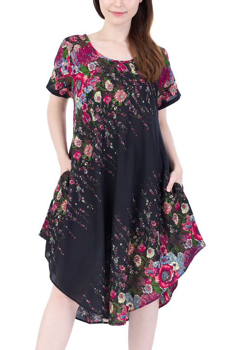 Black Flower fabric Dress with Sleeves and Two Pockets