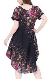 Black Flower fabric Dress with Sleeves and Two Pockets