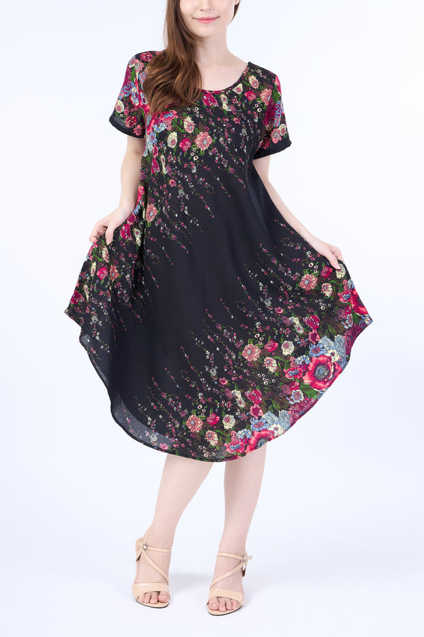 Black Flower fabric Dress with Sleeves and Two Pockets