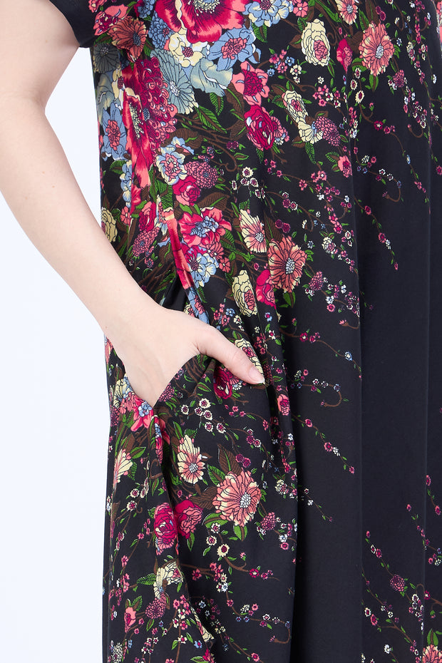 Black Flower fabric Dress with Sleeves and Two Pockets