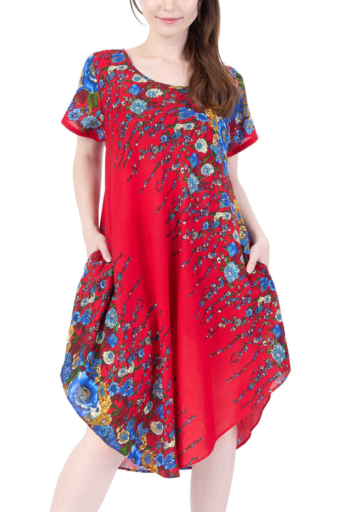 Red Flower fabric Dress with Sleeves and Two Pockets