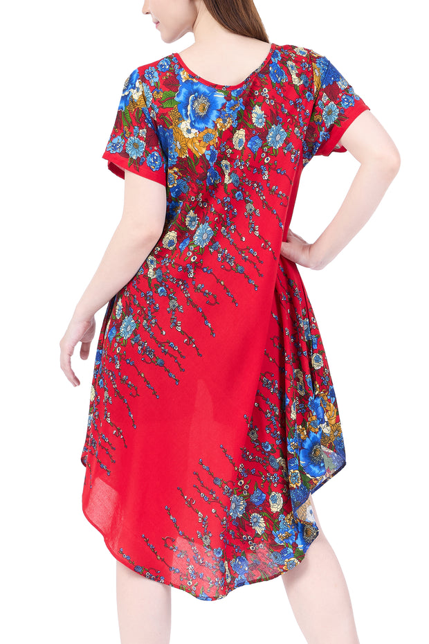 Red Flower fabric Dress with Sleeves and Two Pockets