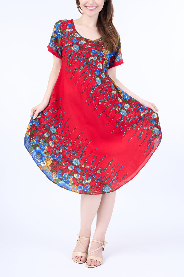 Red Flower fabric Dress with Sleeves and Two Pockets