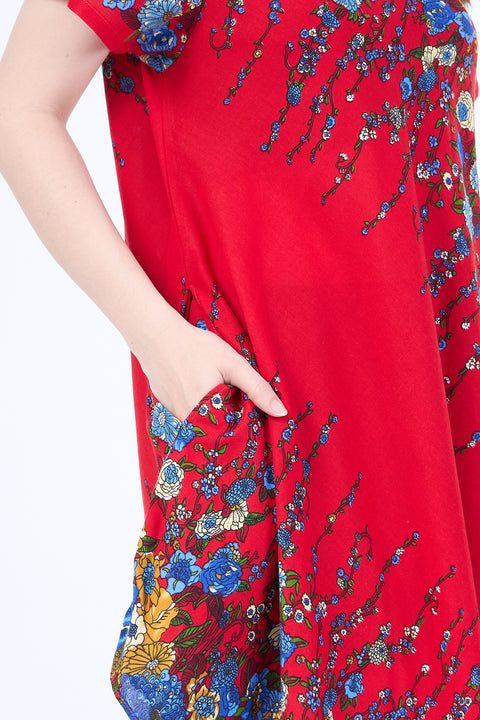 Red Flower fabric Dress with Sleeves and Two Pockets