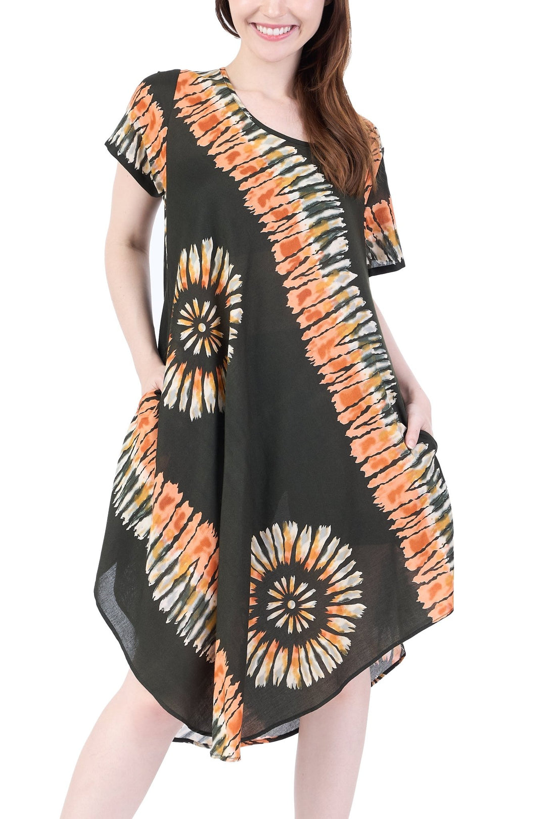 Green Printed Colorful Dress with Sleeves and Two Pockets - Lannaclothesdesign Shop