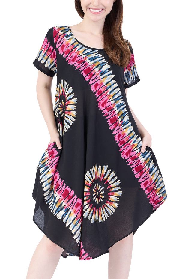 Black Printed Colorful Dress with Sleeves and Two Pockets