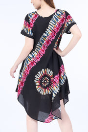 Black Printed Colorful Dress with Sleeves and Two Pockets