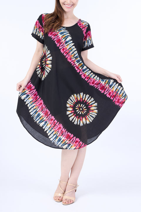 Black Printed Colorful Dress with Sleeves and Two Pockets