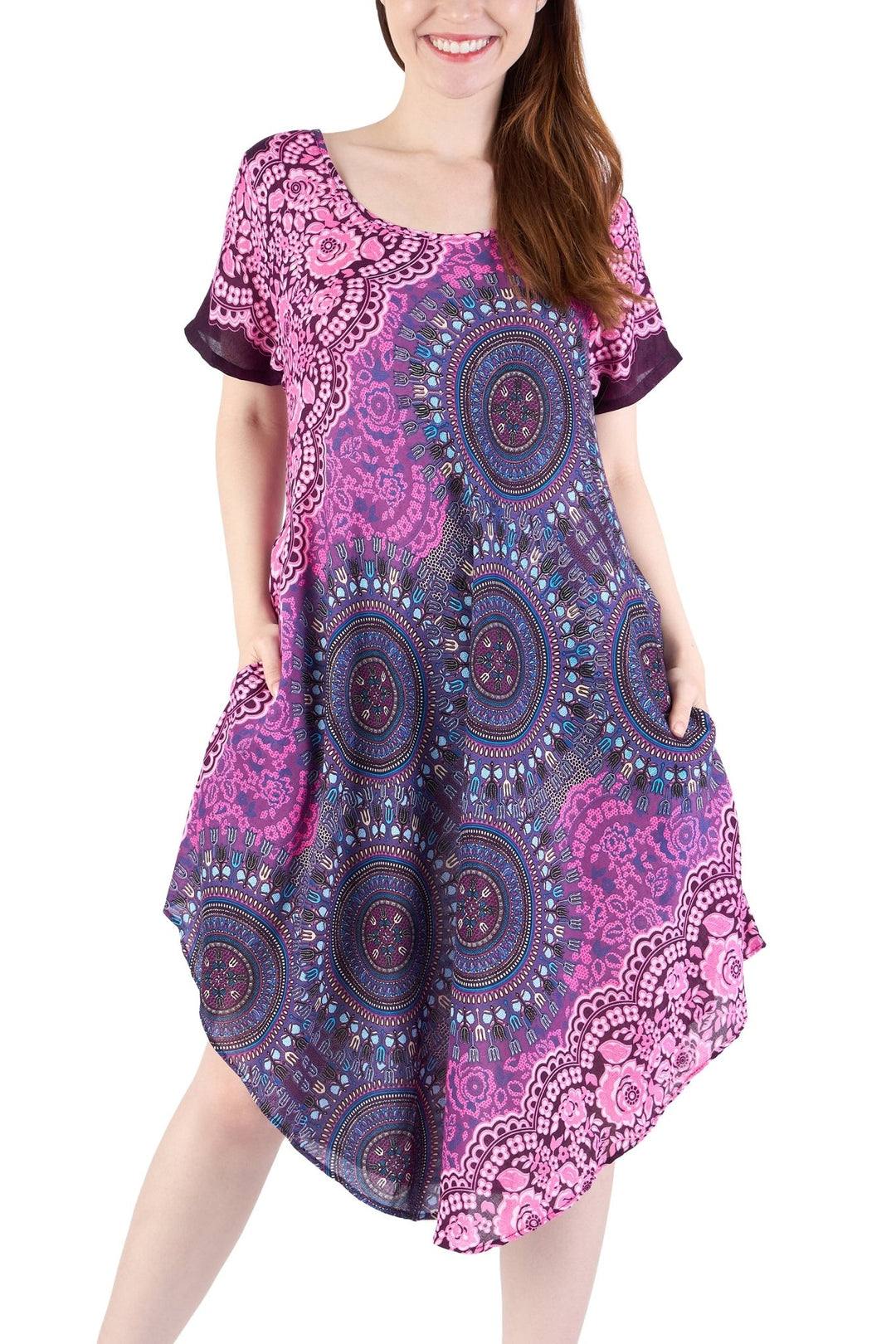 Purple Rose Circle Fabric Dress with Sleeves and Two Pockets - Lannaclothesdesign Shop