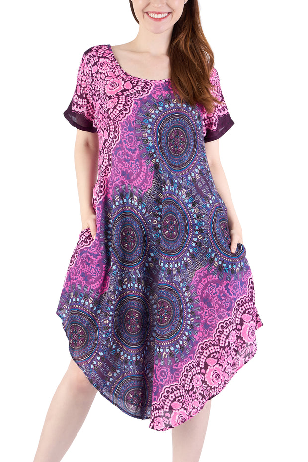 Purple Rose Circle Fabric Dress with Sleeves and Two Pockets