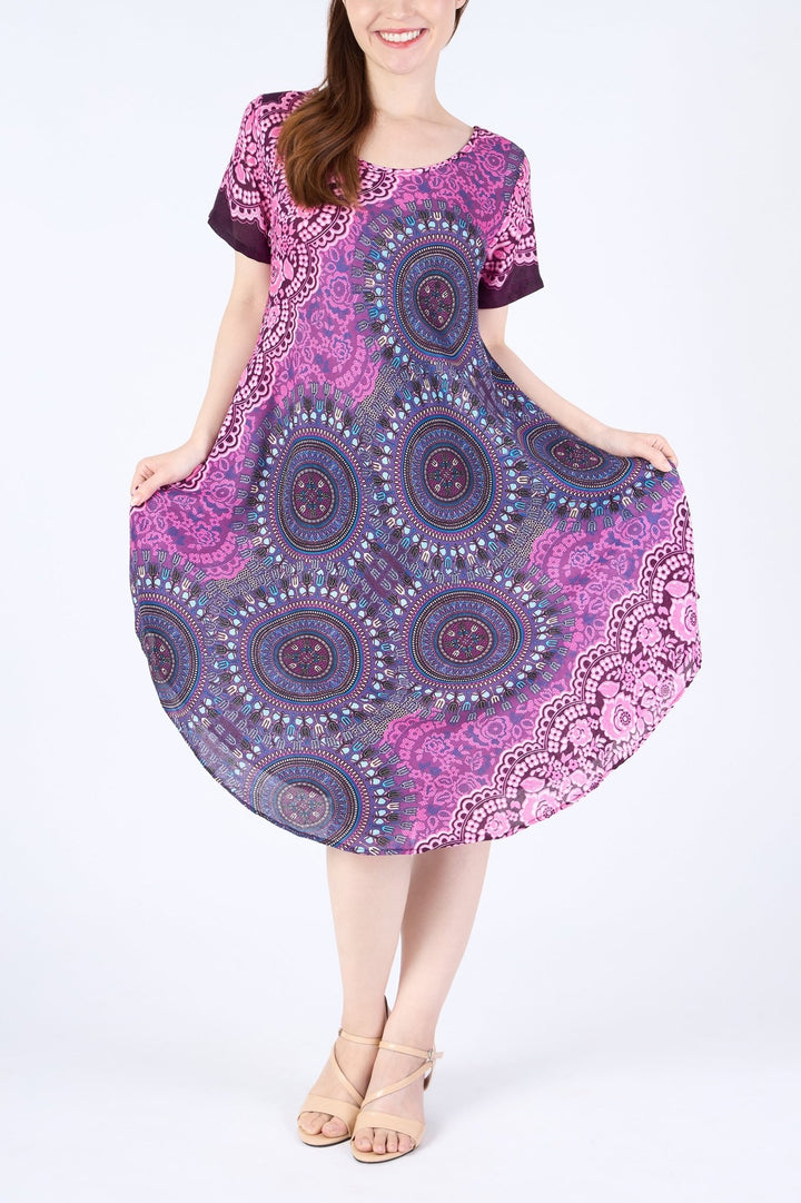 Purple Rose Circle Fabric Dress with Sleeves and Two Pockets - Lannaclothesdesign Shop