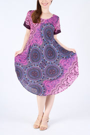 Purple Rose Circle Fabric Dress with Sleeves and Two Pockets