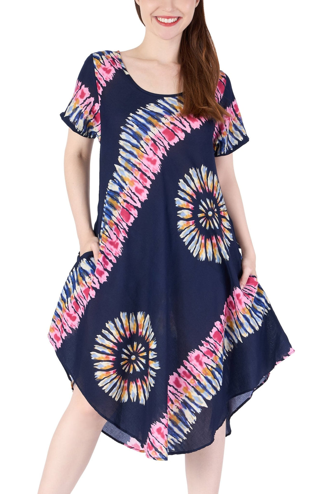 Dark Blue Printed Colorful Dress with Sleeves and Two Pockets - Lannaclothesdesign Shop