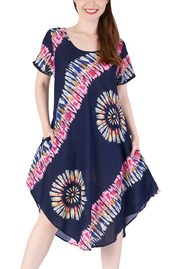 Dark Blue Printed Colorful Dress with Sleeves and Two Pockets