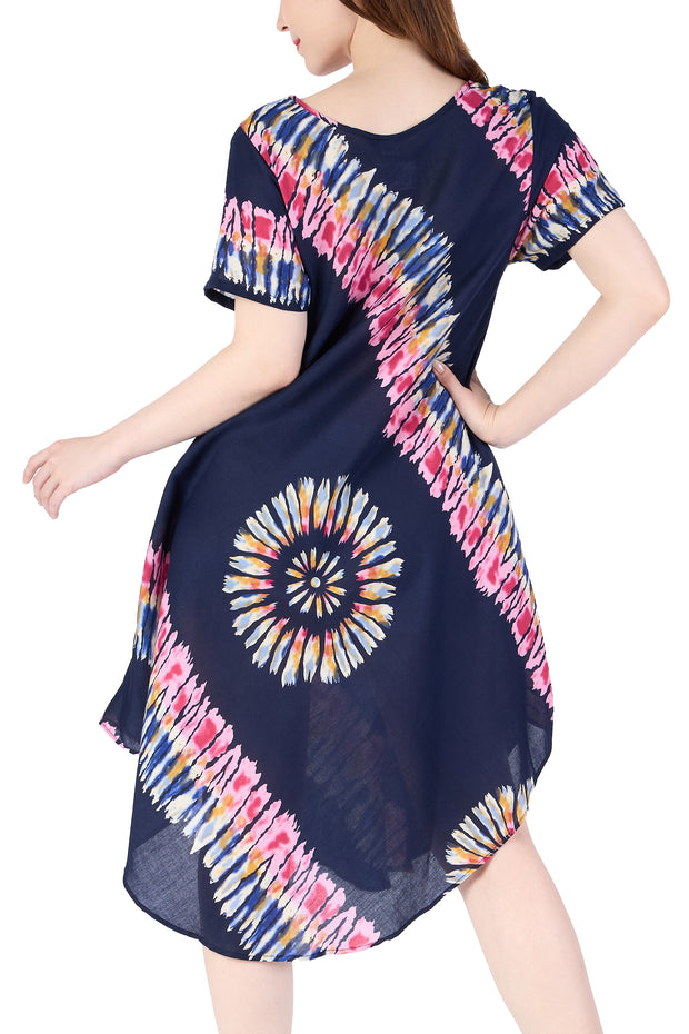 Dark Blue Printed Colorful Dress with Sleeves and Two Pockets