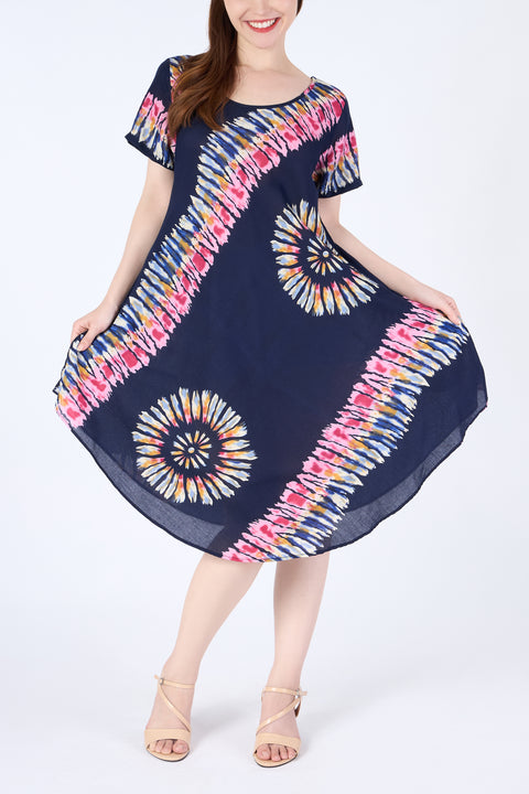 Dark Blue Printed Colorful Dress with Sleeves and Two Pockets