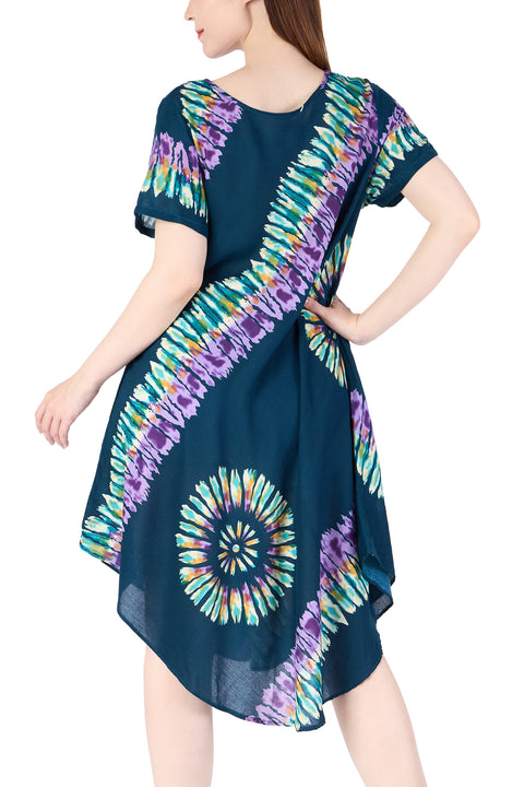 Teal Printed Colorful Dress with Sleeves and Two Pockets