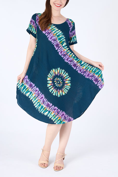 Teal Printed Colorful Dress with Sleeves and Two Pockets