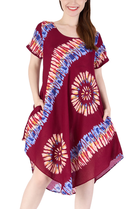 Burgundy Printed Colorful Dress with Sleeves and Two Pockets