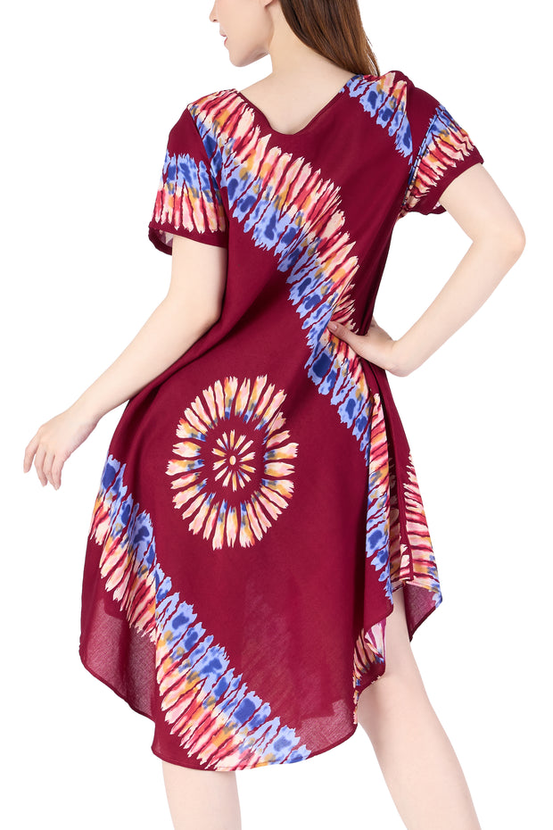 Burgundy Printed Colorful Dress with Sleeves and Two Pockets