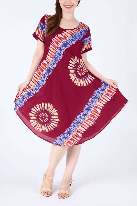 Burgundy Printed Colorful Dress with Sleeves and Two Pockets