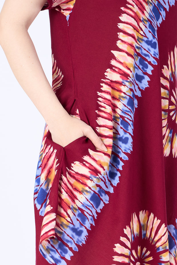 Burgundy Printed Colorful Dress with Sleeves and Two Pockets