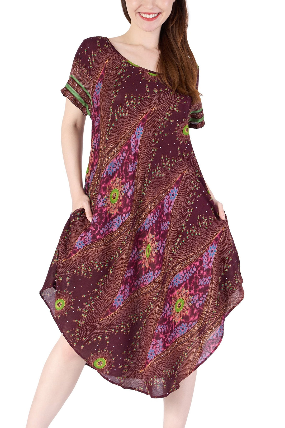 Burgundy Flower Eye Dress with Sleeves and Two Pockets - Lannaclothesdesign Shop